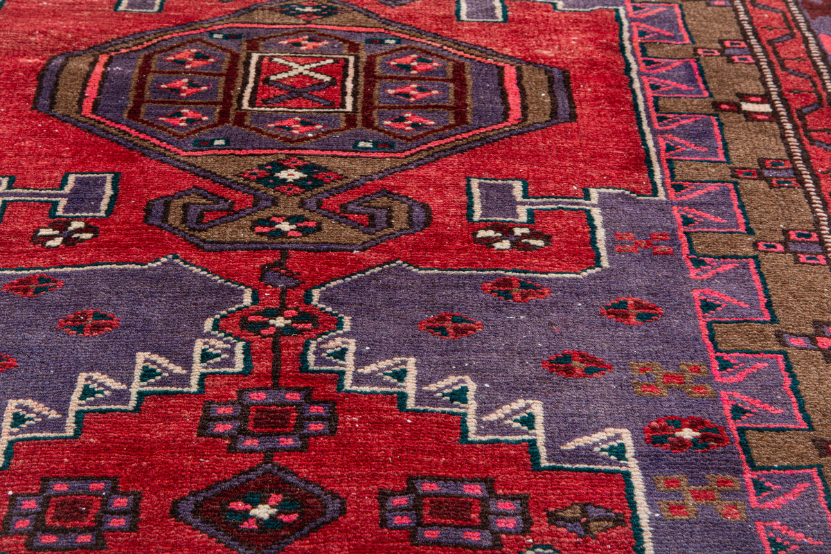 Vintage Purple, Red & Brown Hand-Knotted Wool Rug – 6' 5" x 3' 10" (196 x 116 cm)