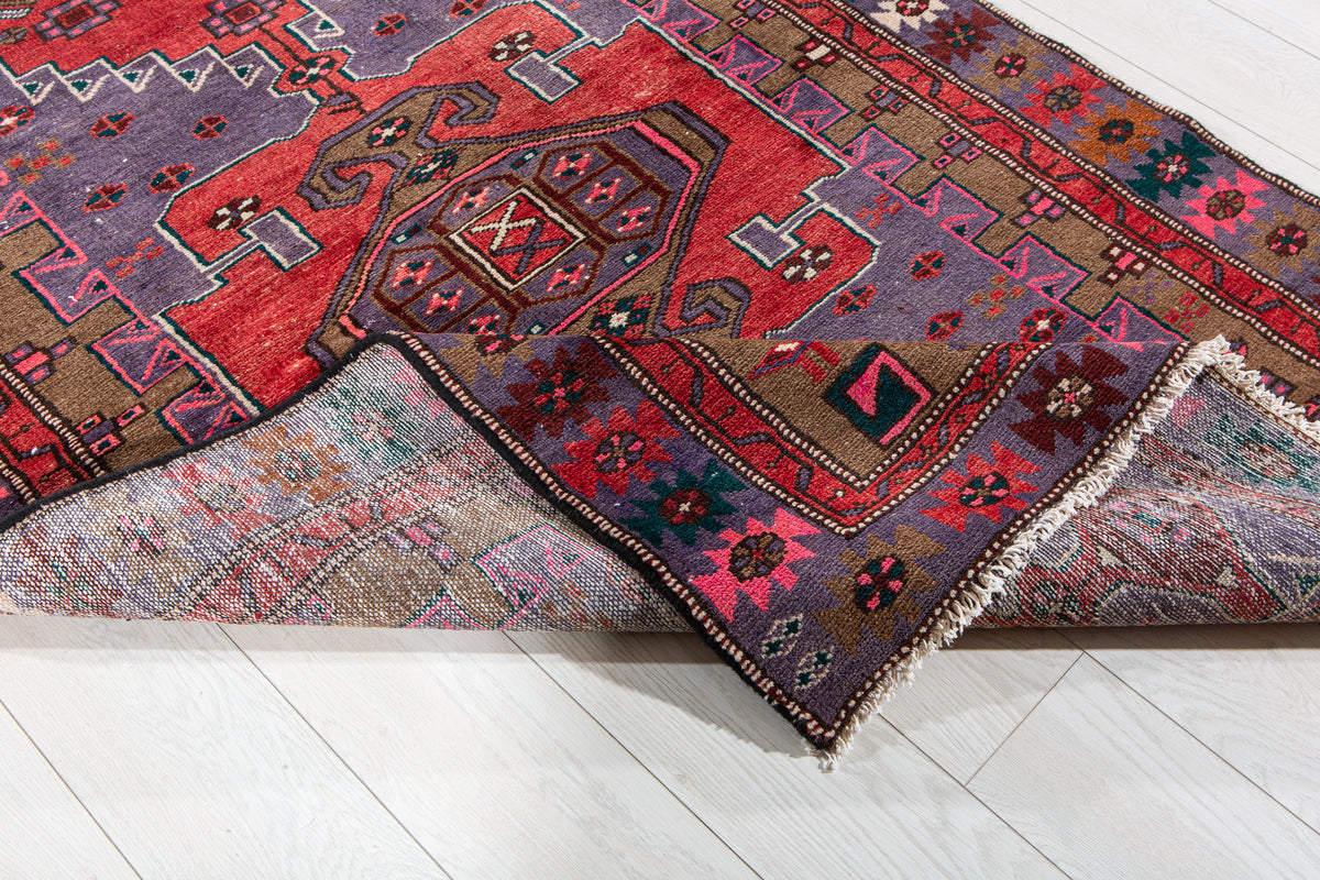 Vintage Purple, Red & Brown Hand-Knotted Wool Rug – 6' 5" x 3' 10" (196 x 116 cm)