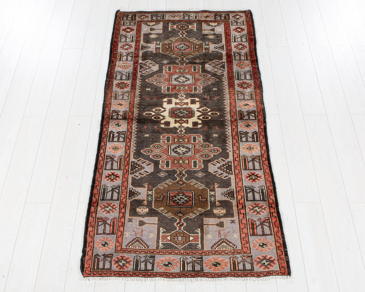 Vintage Charcoal Black & Blue Hand-Knotted Wool Rug – 6' 7" x 3' 4" (201 x 101 cm)