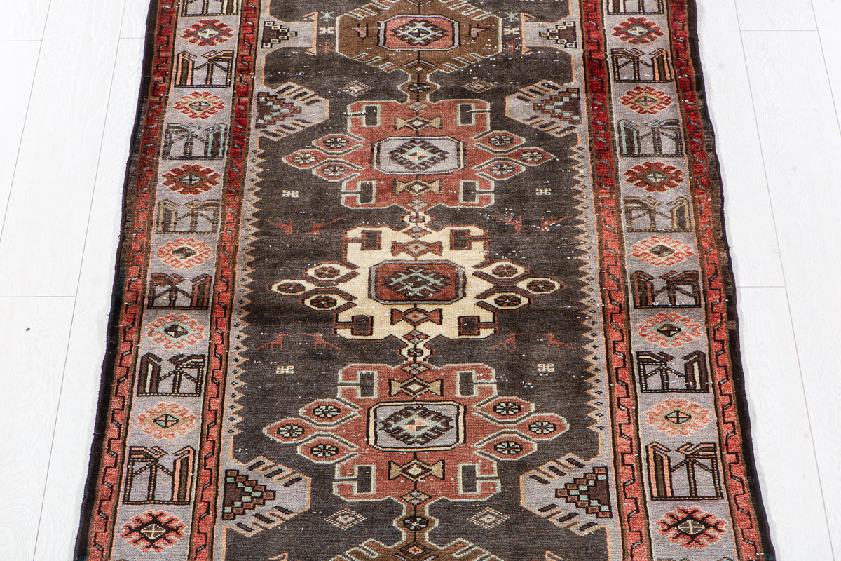 Vintage Charcoal Black & Blue Hand-Knotted Wool Rug – 6' 7" x 3' 4" (201 x 101 cm)