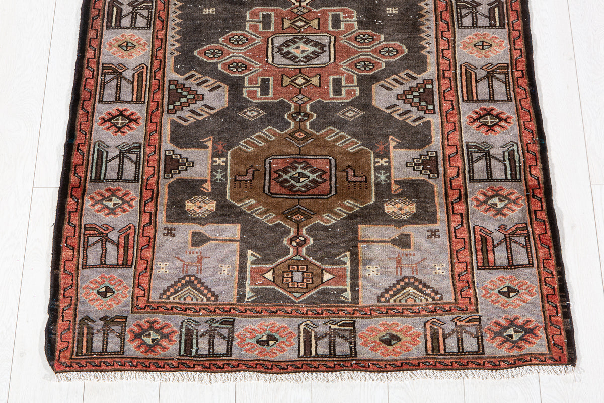 Vintage Charcoal Black & Blue Hand-Knotted Wool Rug – 6' 7" x 3' 4" (201 x 101 cm)