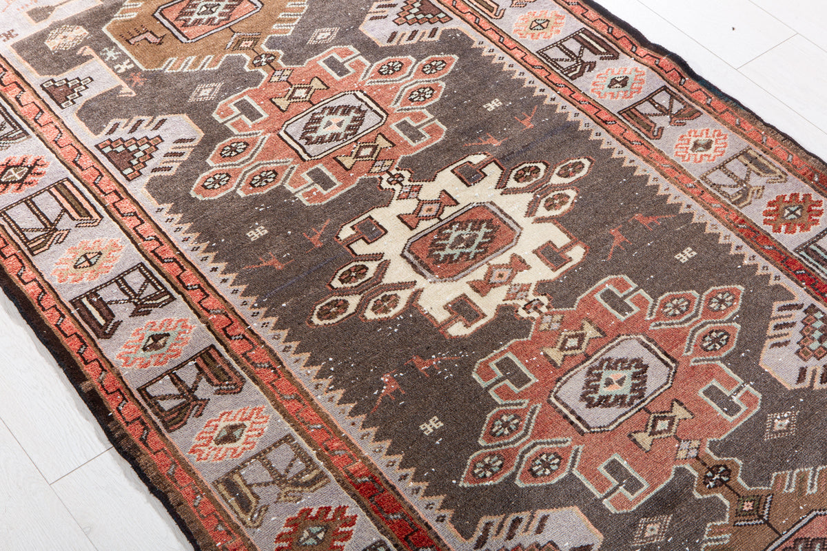 Vintage Charcoal Black & Blue Hand-Knotted Wool Rug – 6' 7" x 3' 4" (201 x 101 cm)