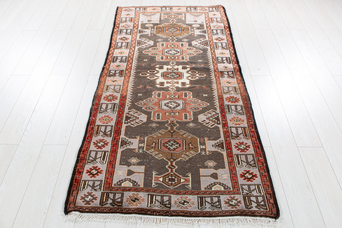 Vintage Charcoal Black & Blue Hand-Knotted Wool Rug – 6' 7" x 3' 4" (201 x 101 cm)