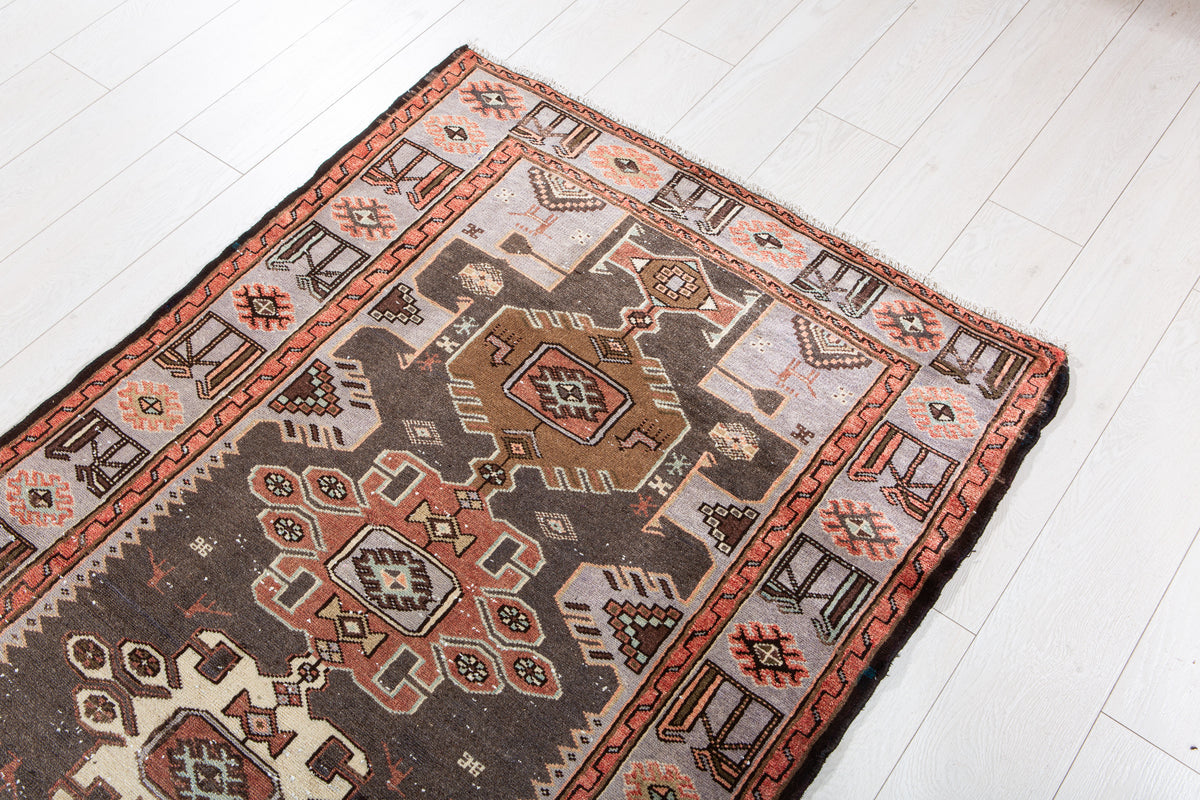 Vintage Charcoal Black & Blue Hand-Knotted Wool Rug – 6' 7" x 3' 4" (201 x 101 cm)