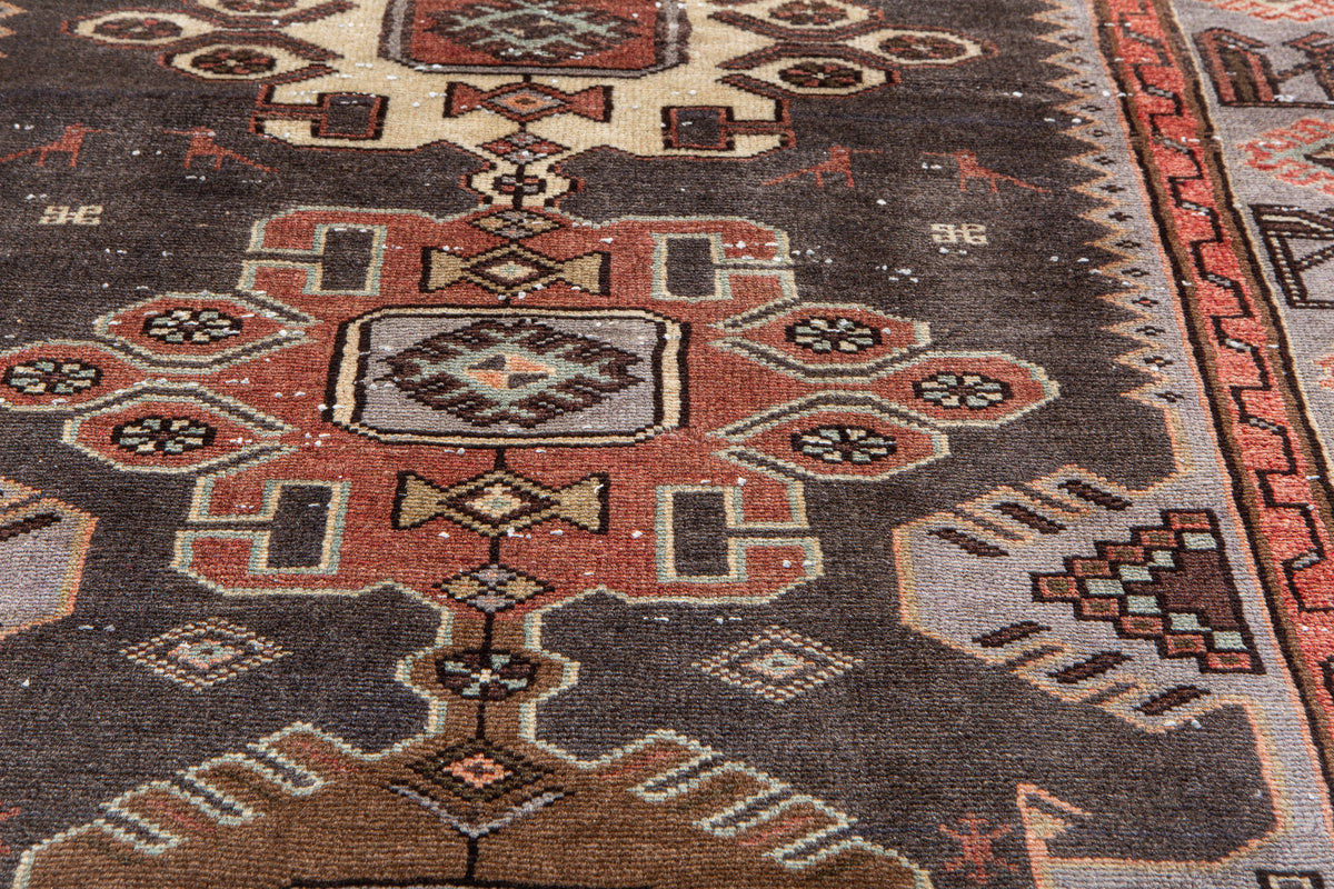 Vintage Charcoal Black & Blue Hand-Knotted Wool Rug – 6' 7" x 3' 4" (201 x 101 cm)