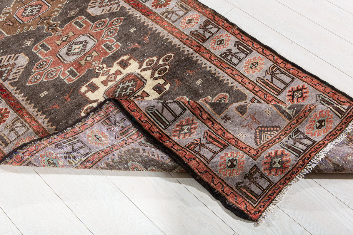 Vintage Charcoal Black & Blue Hand-Knotted Wool Rug – 6' 7" x 3' 4" (201 x 101 cm)
