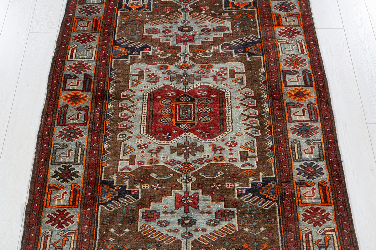Vintage Brown & Turquoise Blue Hand-Knotted Wool Rug – 6' 9" x 4' 4" (205 x 131 cm)