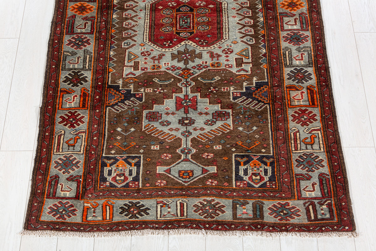 Vintage Brown & Turquoise Blue Hand-Knotted Wool Rug – 6' 9" x 4' 4" (205 x 131 cm)