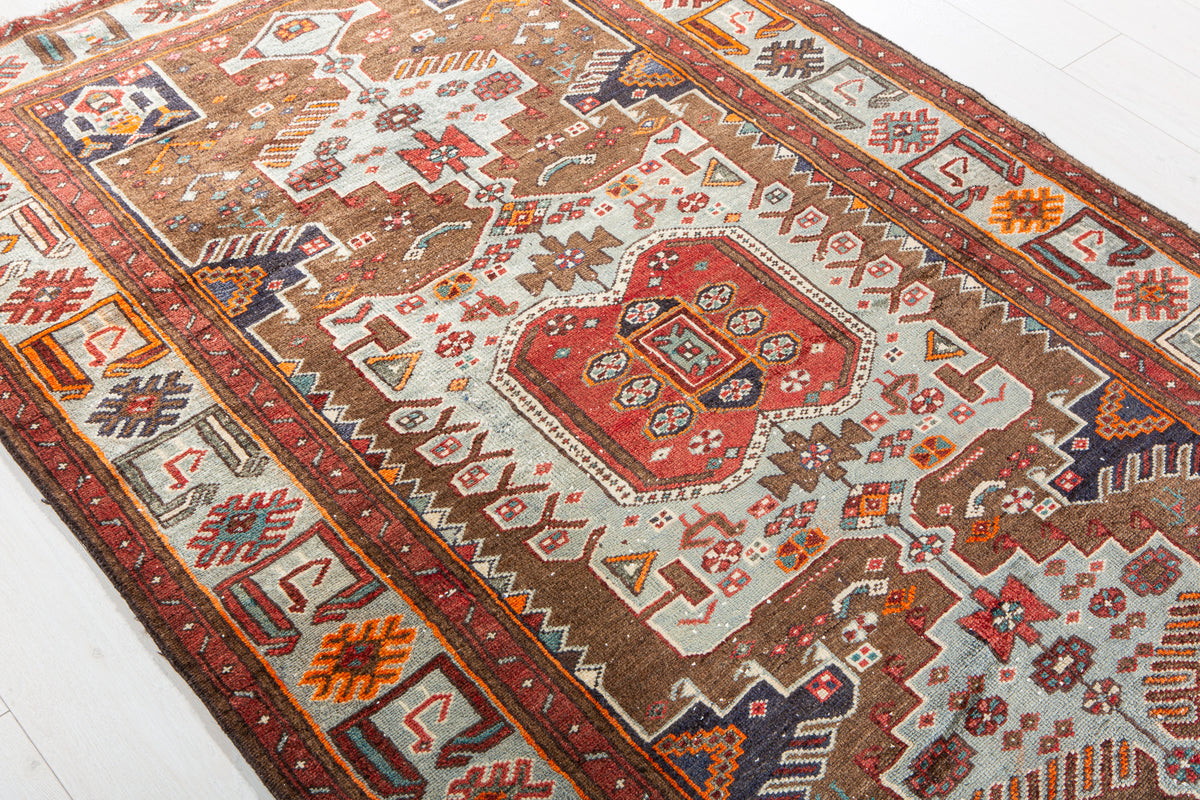 Vintage Brown & Turquoise Blue Hand-Knotted Wool Rug – 6' 9" x 4' 4" (205 x 131 cm)