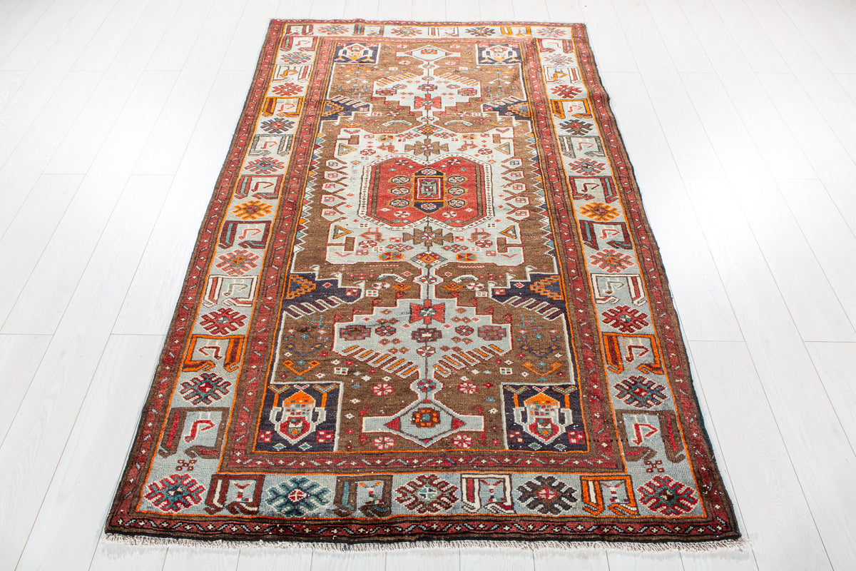 Vintage Brown & Turquoise Blue Hand-Knotted Wool Rug – 6' 9" x 4' 4" (205 x 131 cm)