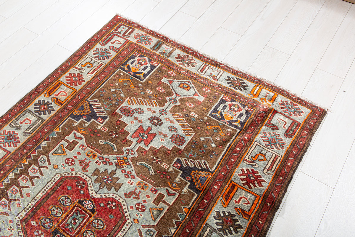 Vintage Brown & Turquoise Blue Hand-Knotted Wool Rug – 6' 9" x 4' 4" (205 x 131 cm)
