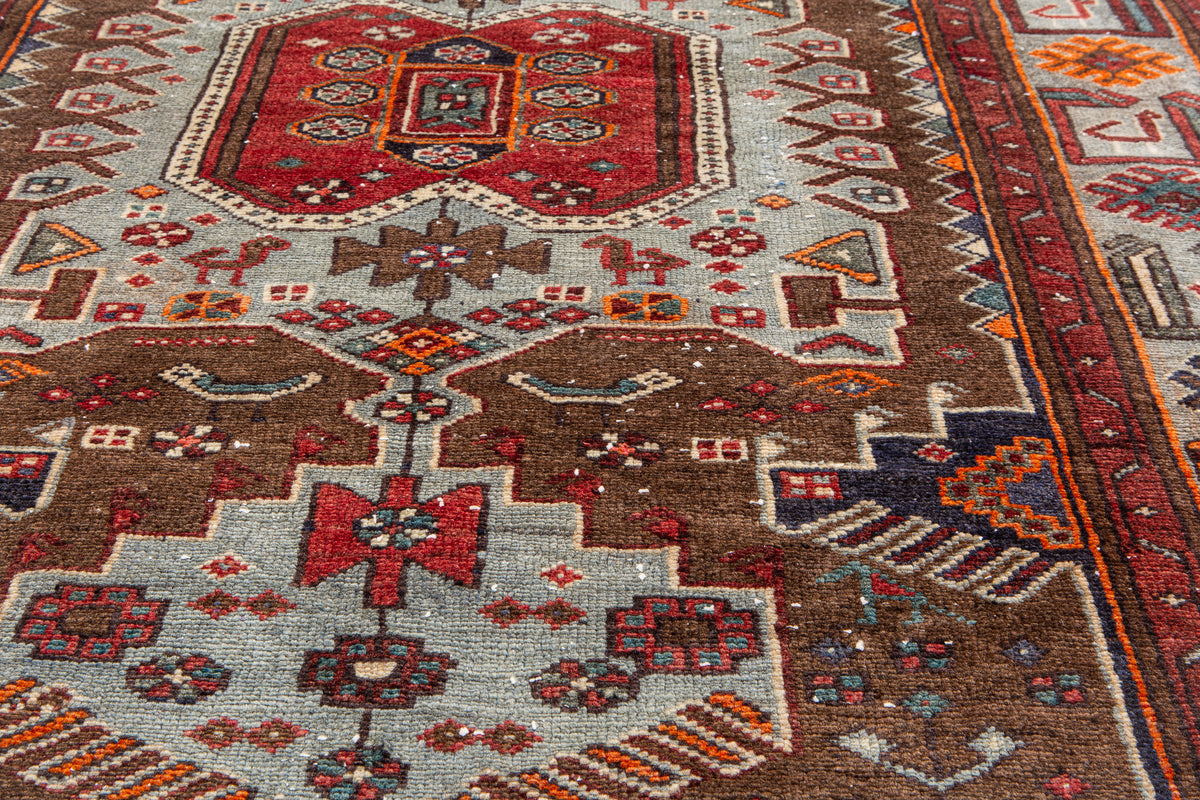 Vintage Brown & Turquoise Blue Hand-Knotted Wool Rug – 6' 9" x 4' 4" (205 x 131 cm)