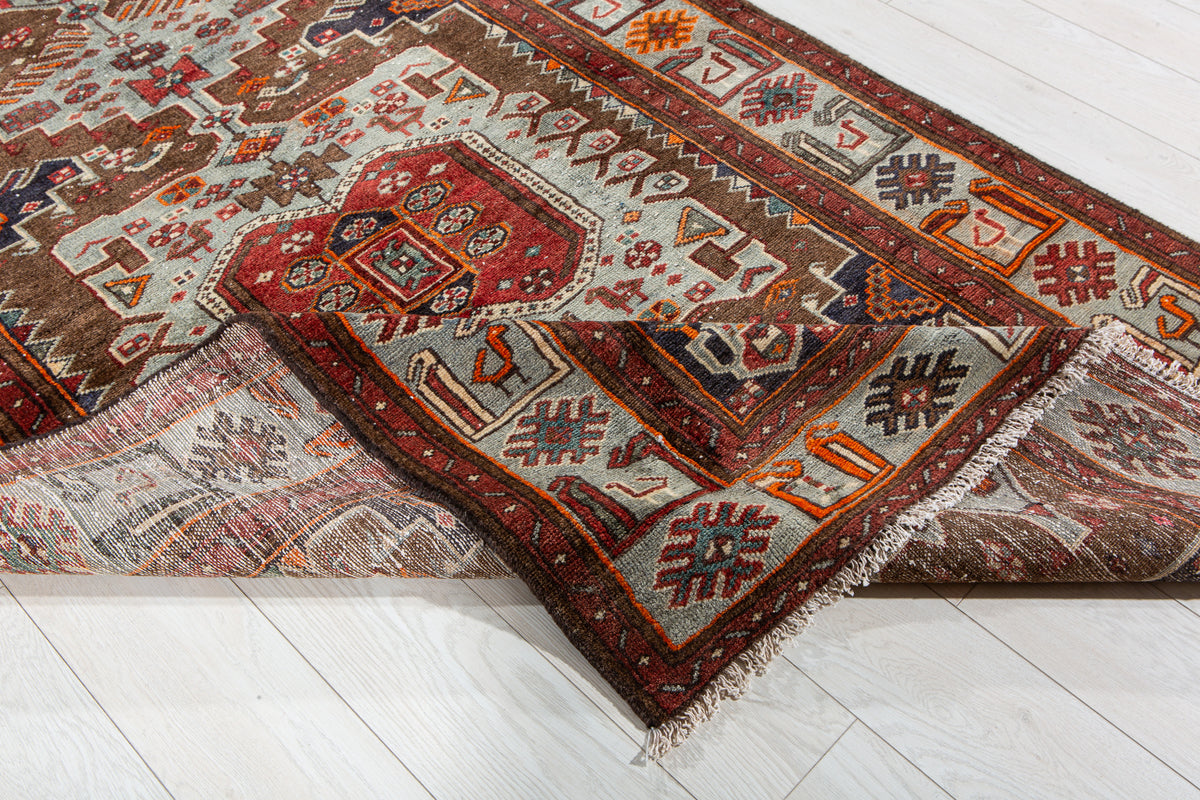 Vintage Brown & Turquoise Blue Hand-Knotted Wool Rug – 6' 9" x 4' 4" (205 x 131 cm)
