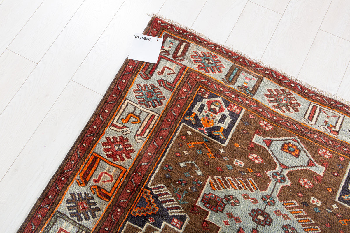 Vintage Brown & Turquoise Blue Hand-Knotted Wool Rug – 6' 9" x 4' 4" (205 x 131 cm)