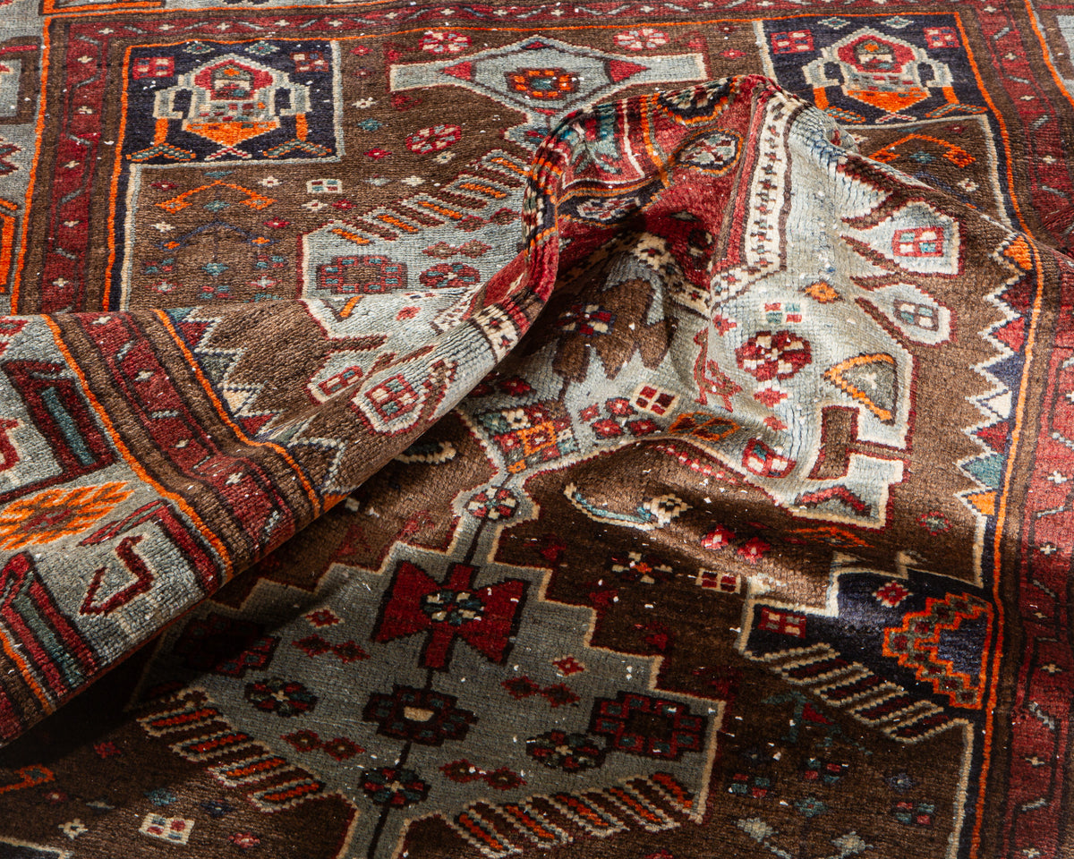 Vintage Brown & Turquoise Blue Hand-Knotted Wool Rug – 6' 9" x 4' 4" (205 x 131 cm)