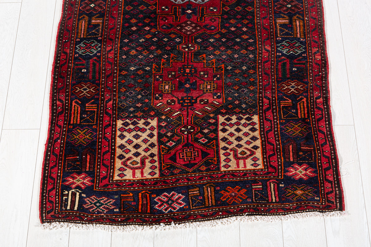 Vintage Navy Blue & Red Hand-Knotted Wool Rug – 7' 3" x 3' 6" (221 x 107 cm)