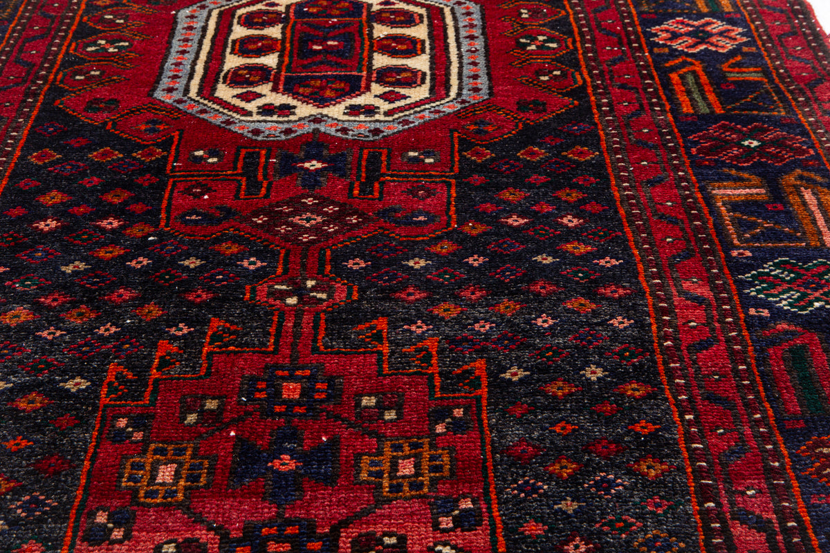 Vintage Navy Blue & Red Hand-Knotted Wool Rug – 7' 3" x 3' 6" (221 x 107 cm)