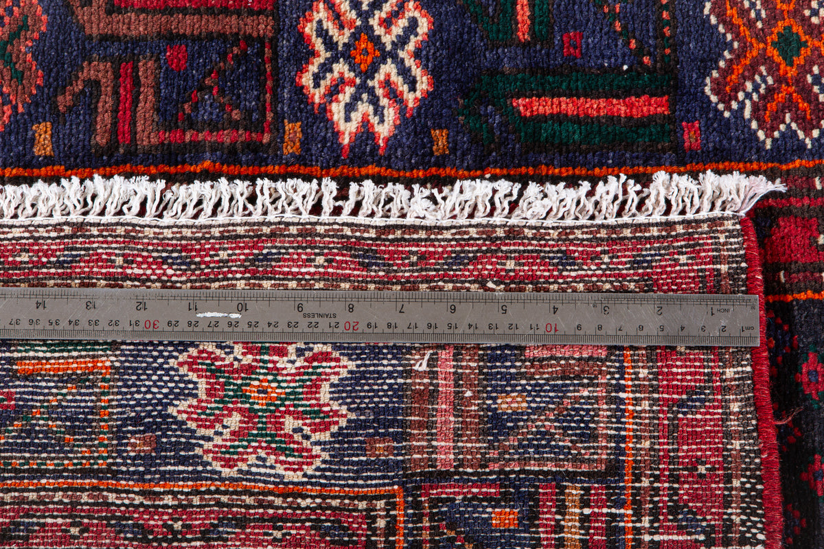 Vintage Navy Blue & Red Hand-Knotted Wool Rug – 7' 3" x 3' 6" (221 x 107 cm)
