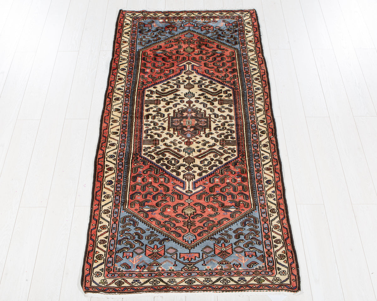 Vintage Bright Red & Blue Hand-Knotted Wool Rug – 6' 11" x 3' 5" (210 x 104 cm)