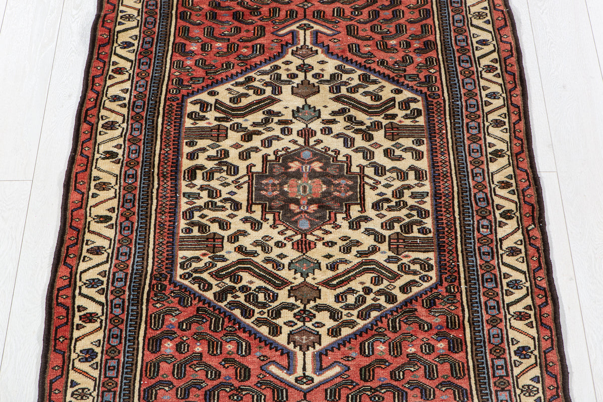 Vintage Bright Red & Blue Hand-Knotted Wool Rug – 6' 11" x 3' 5" (210 x 104 cm)