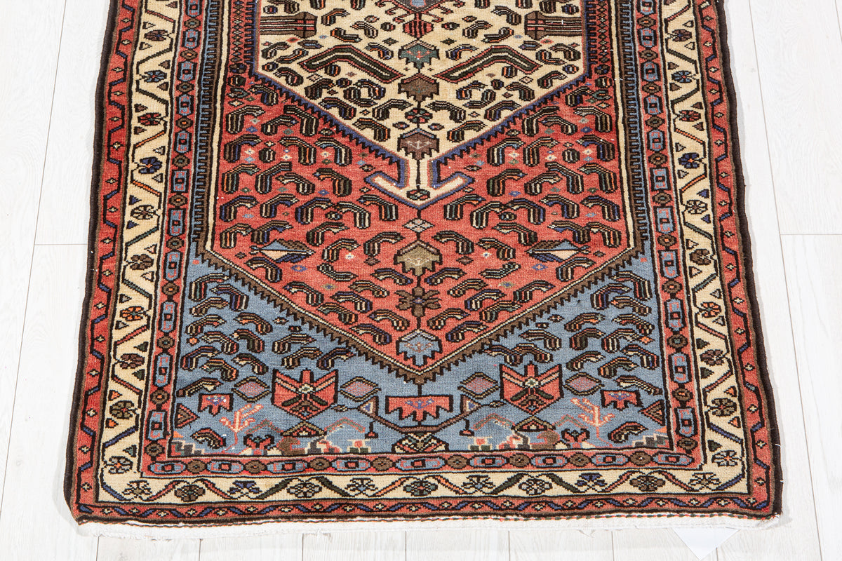 Vintage Bright Red & Blue Hand-Knotted Wool Rug – 6' 11" x 3' 5" (210 x 104 cm)