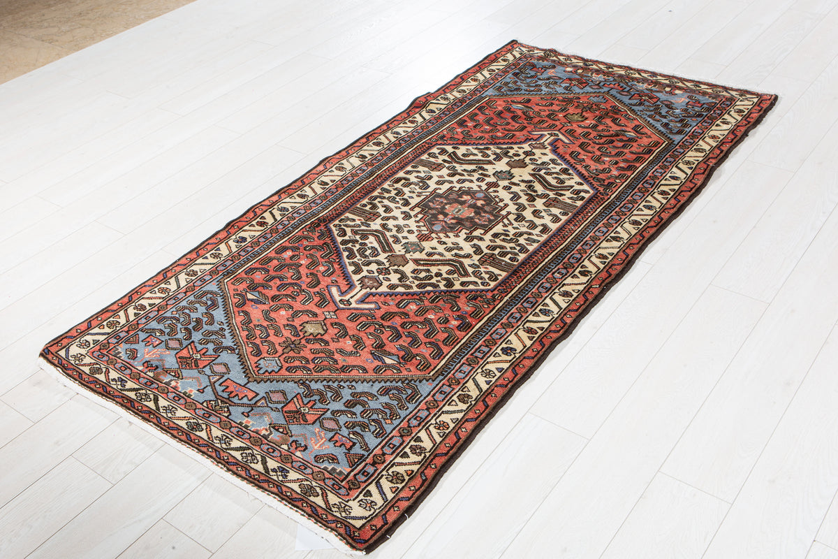 Vintage Bright Red & Blue Hand-Knotted Wool Rug – 6' 11" x 3' 5" (210 x 104 cm)