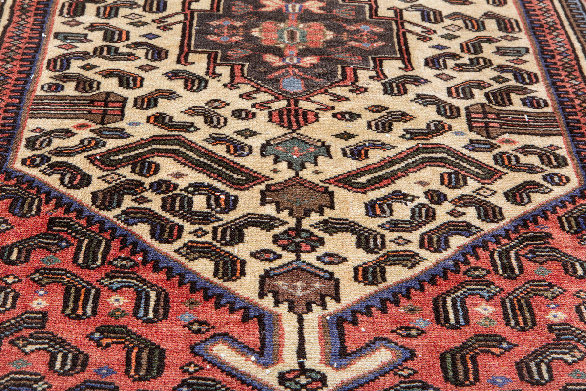 Vintage Bright Red & Blue Hand-Knotted Wool Rug – 6' 11" x 3' 5" (210 x 104 cm)