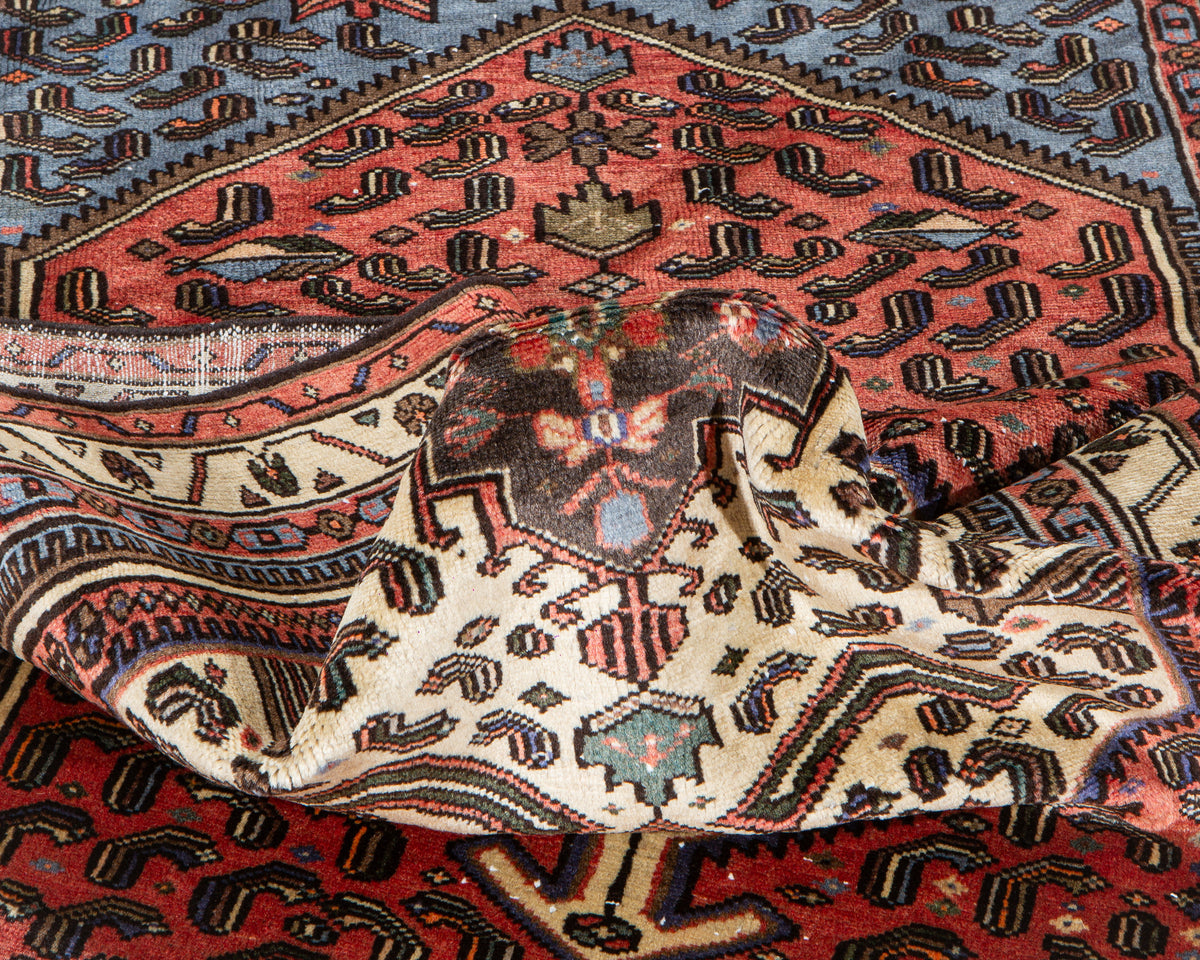 Vintage Bright Red & Blue Hand-Knotted Wool Rug – 6' 11" x 3' 5" (210 x 104 cm)