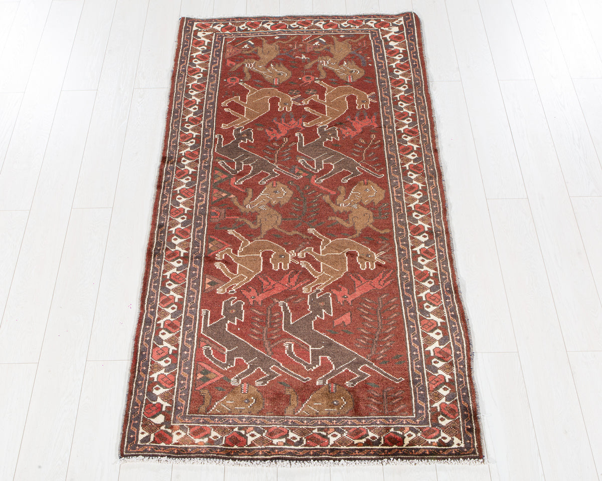 Vintage Rust Red & Brown Hand-Knotted Wool Rug – 6' 5" x 3' 5" (196 x 103 cm)