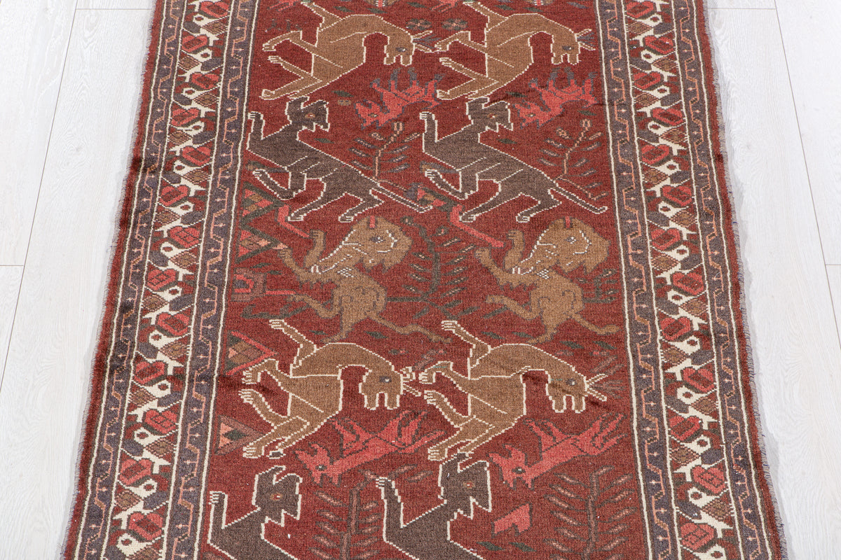 Vintage Rust Red & Brown Hand-Knotted Wool Rug – 6' 5" x 3' 5" (196 x 103 cm)