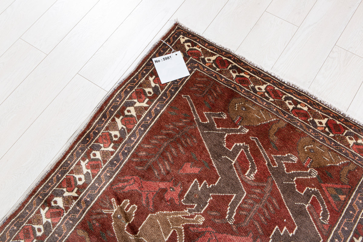 Vintage Rust Red & Brown Hand-Knotted Wool Rug – 6' 5" x 3' 5" (196 x 103 cm)