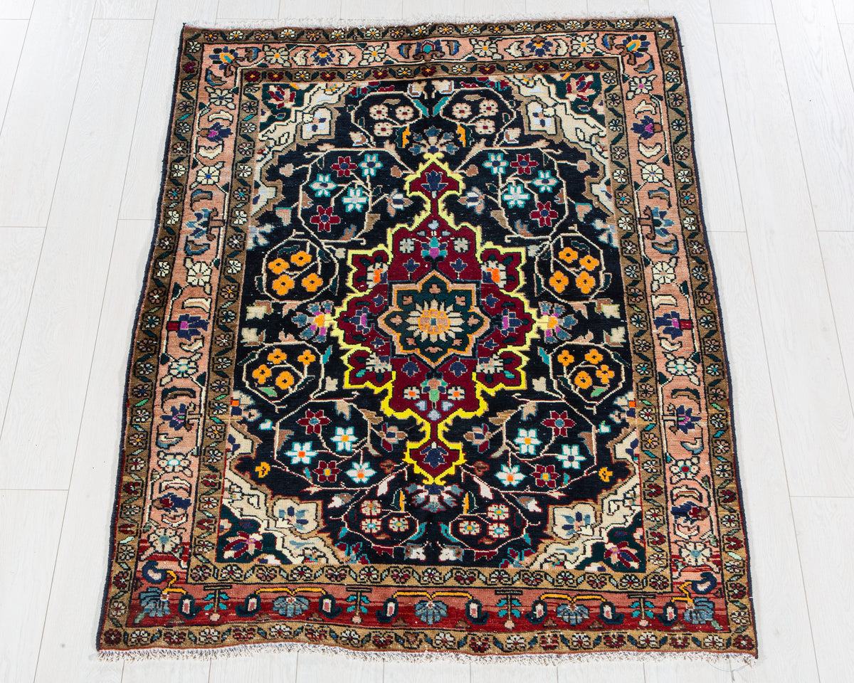 Vintage Navy Blue & Yellow Hand-Knotted Wool Rug – 4' 11" x 3' 9" (149 x 115 cm)