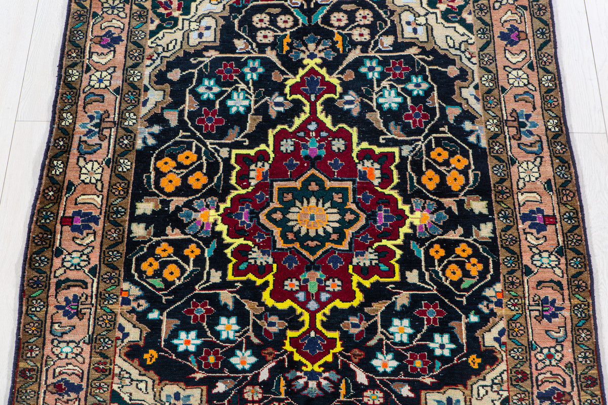 Vintage Navy Blue & Yellow Hand-Knotted Wool Rug – 4' 11" x 3' 9" (149 x 115 cm)