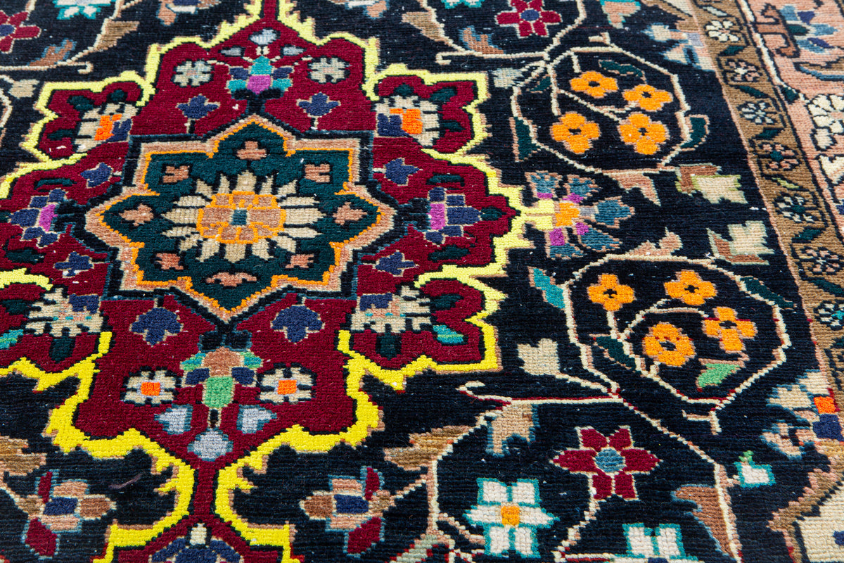 Vintage Navy Blue & Yellow Hand-Knotted Wool Rug – 4' 11" x 3' 9" (149 x 115 cm)