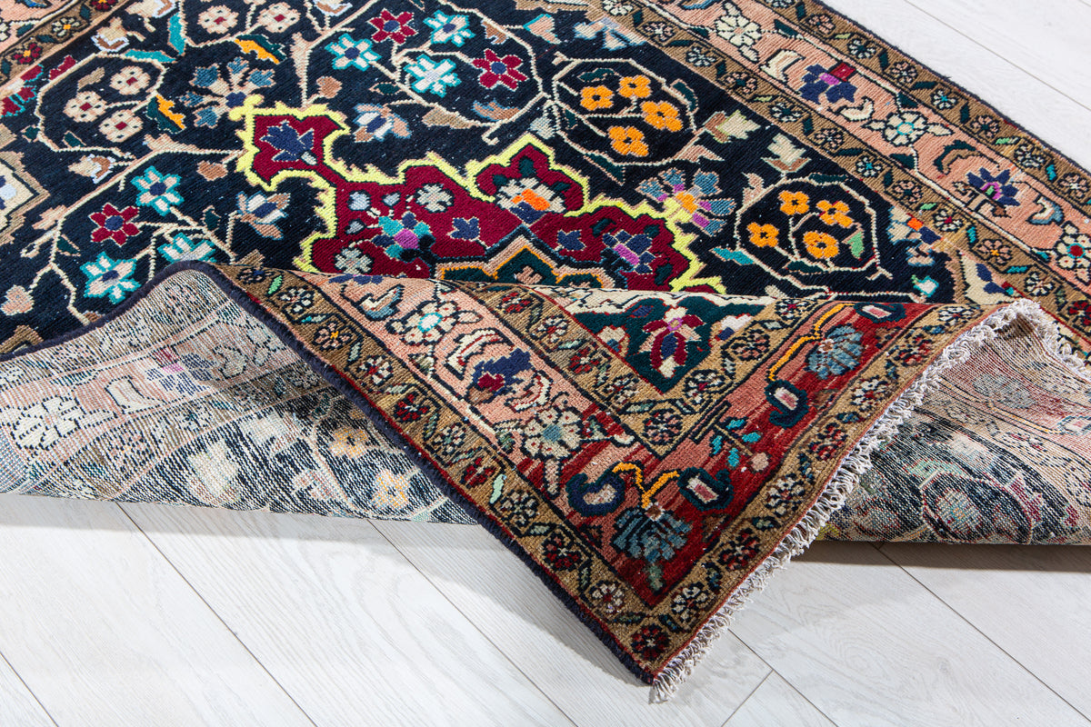 Vintage Navy Blue & Yellow Hand-Knotted Wool Rug – 4' 11" x 3' 9" (149 x 115 cm)