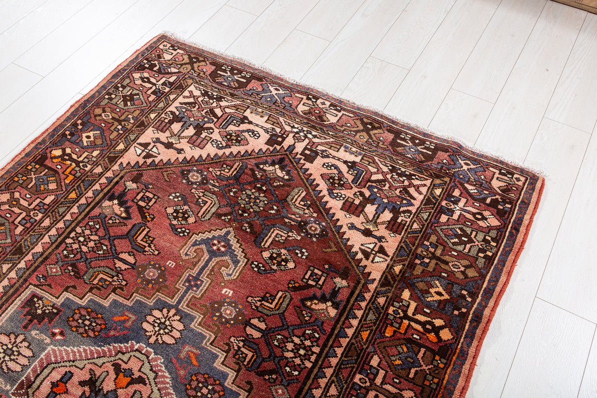Vintage Rust Red & Salmon Pink Hand-Knotted Wool Rug – 7' 1" x 4' 4" (216 x 133 cm)