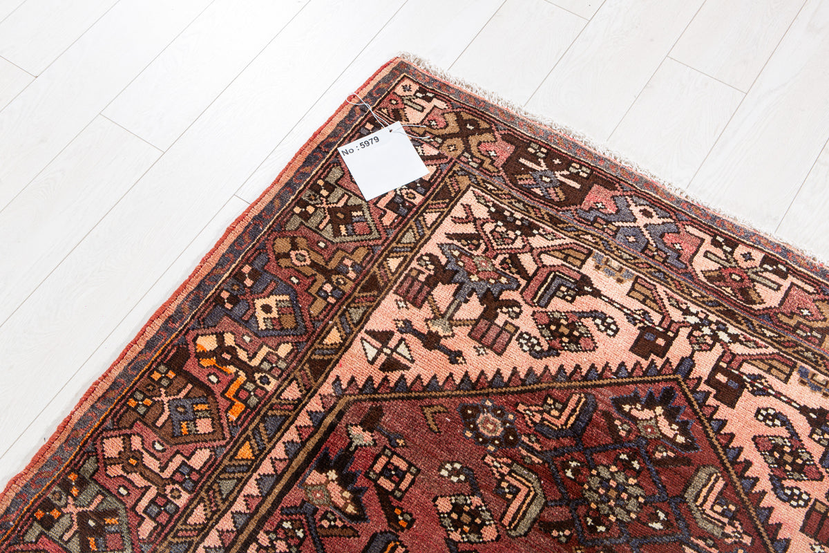 Vintage Rust Red & Salmon Pink Hand-Knotted Wool Rug – 7' 1" x 4' 4" (216 x 133 cm)