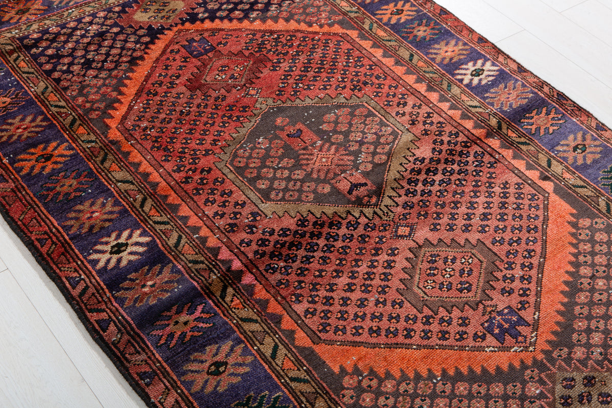 Antique Rust Red, Blue Hand-Knotted Wool Rug – 6' 3" x 4' 2" (190 x 126 cm)