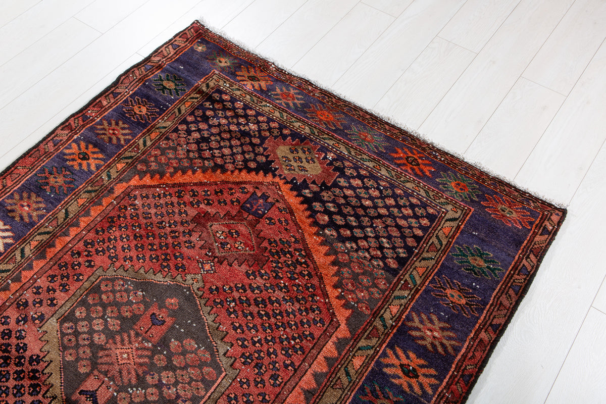 Antique Rust Red, Blue Hand-Knotted Wool Rug – 6' 3" x 4' 2" (190 x 126 cm)