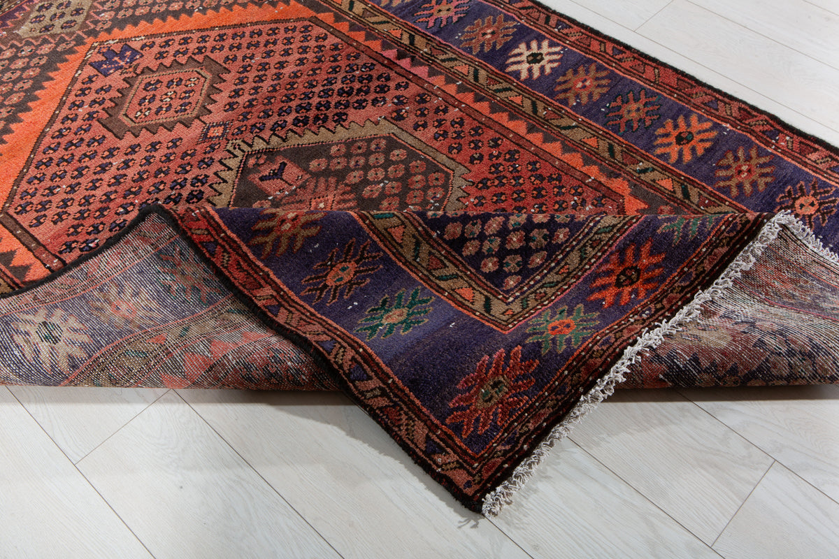 Antique Rust Red, Blue Hand-Knotted Wool Rug – 6' 3" x 4' 2" (190 x 126 cm)