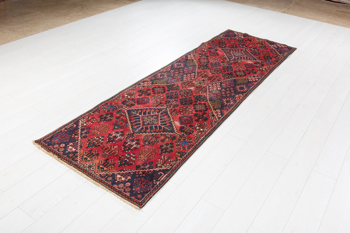 Vintage Tribal Runner Rug, Red & Navy – 8' 11" x 2' 9" (271 x 85 cm)