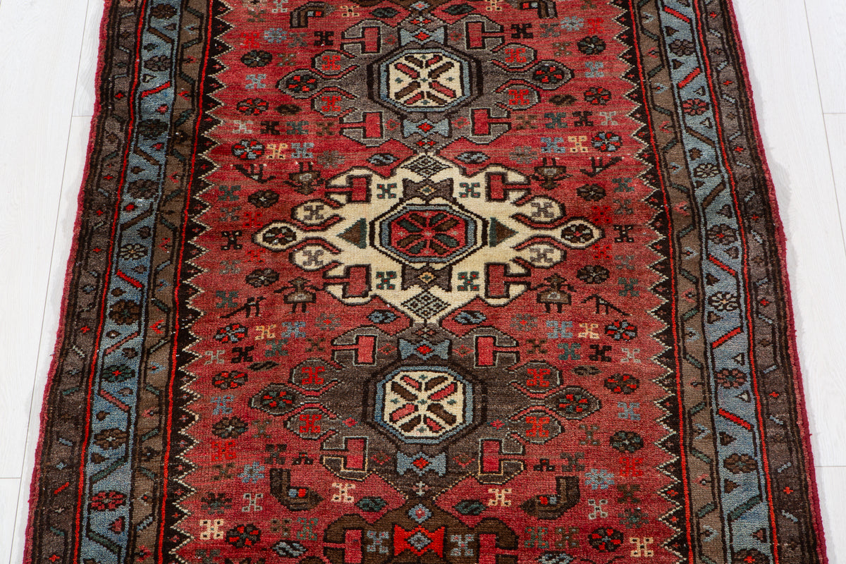 Vintage Red, Blue Hand-Knotted Wool Rug – 6' 6" x 3' 5" (198 x 104 cm)