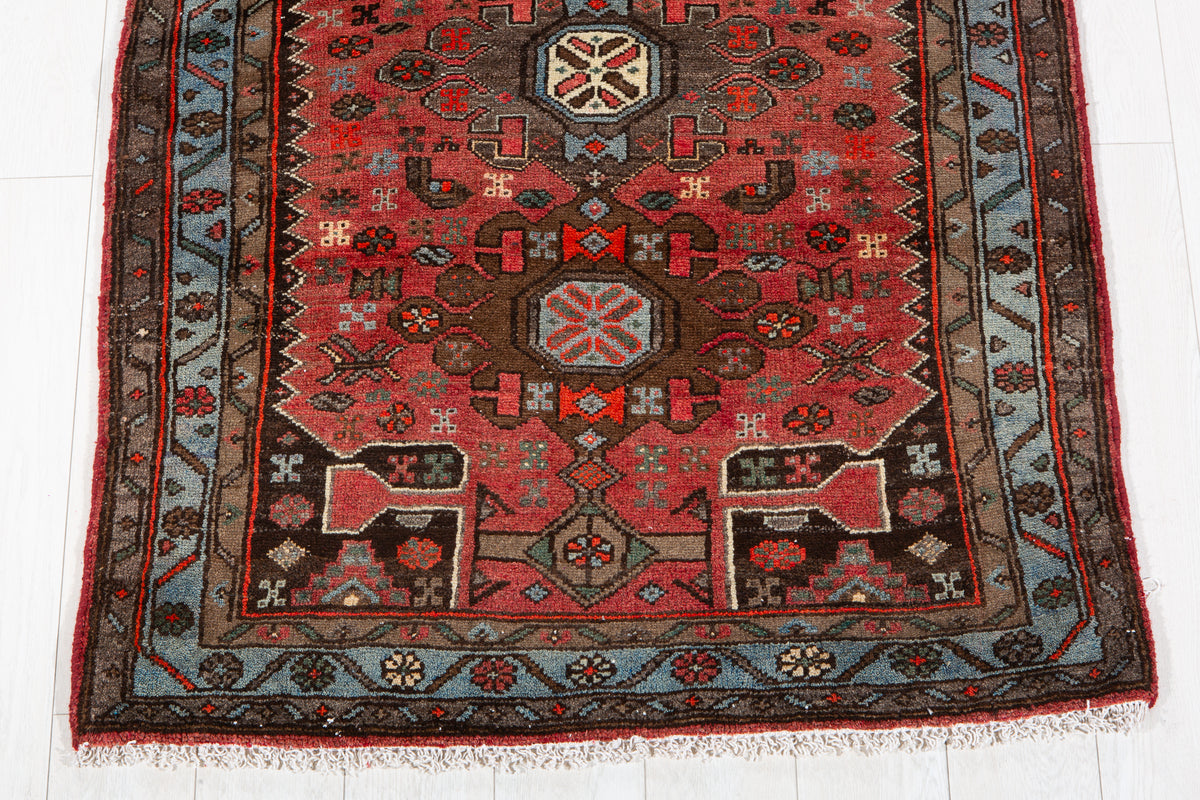 Vintage Red, Blue Hand-Knotted Wool Rug – 6' 6" x 3' 5" (198 x 104 cm)