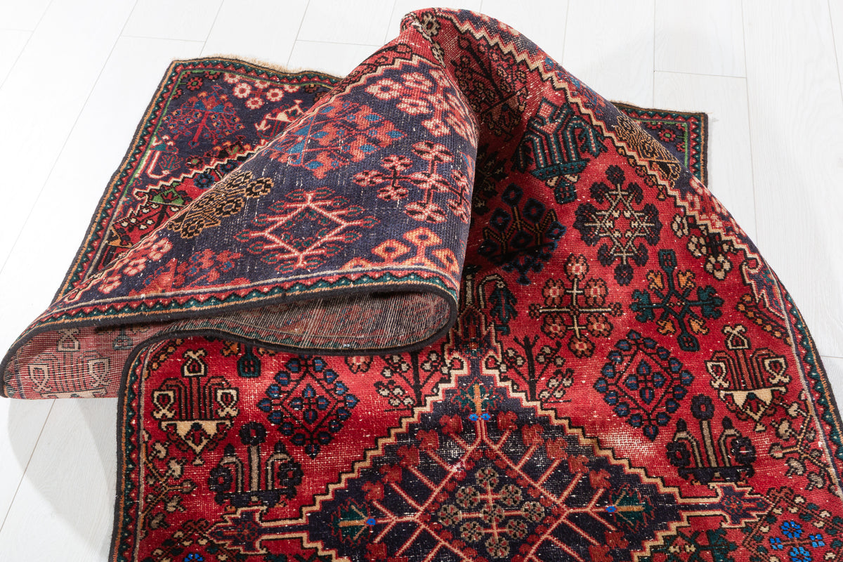 Vintage Tribal Runner Rug, Red & Navy – 8' 11" x 2' 9" (271 x 85 cm)