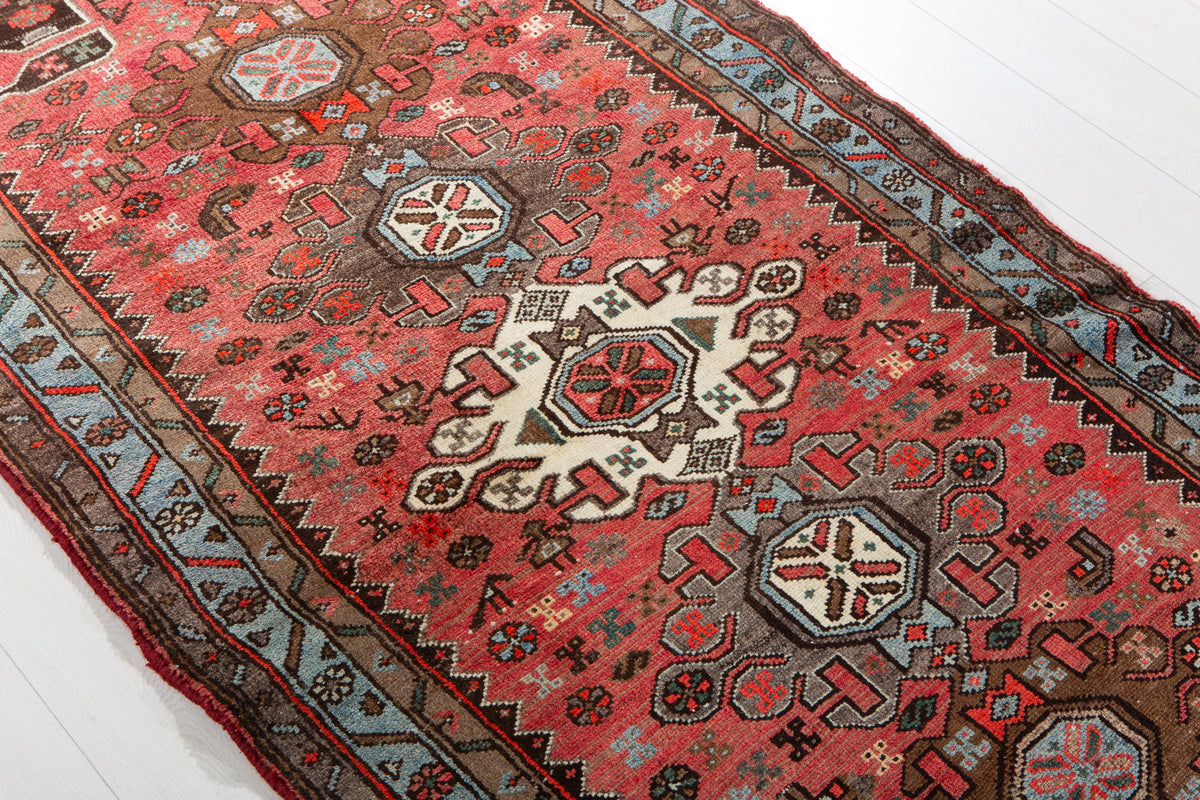 Vintage Red, Blue Hand-Knotted Wool Rug – 6' 6" x 3' 5" (198 x 104 cm)