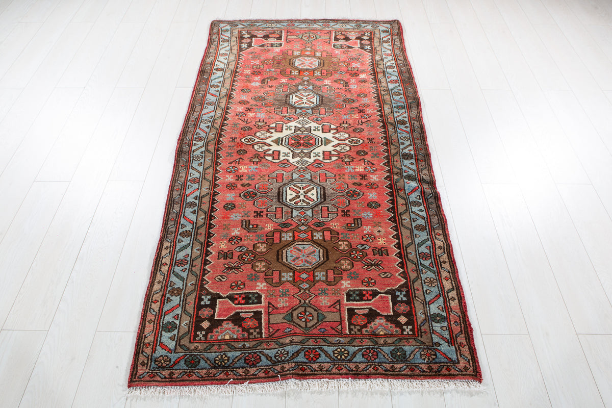 Vintage Red, Blue Hand-Knotted Wool Rug – 6' 6" x 3' 5" (198 x 104 cm)
