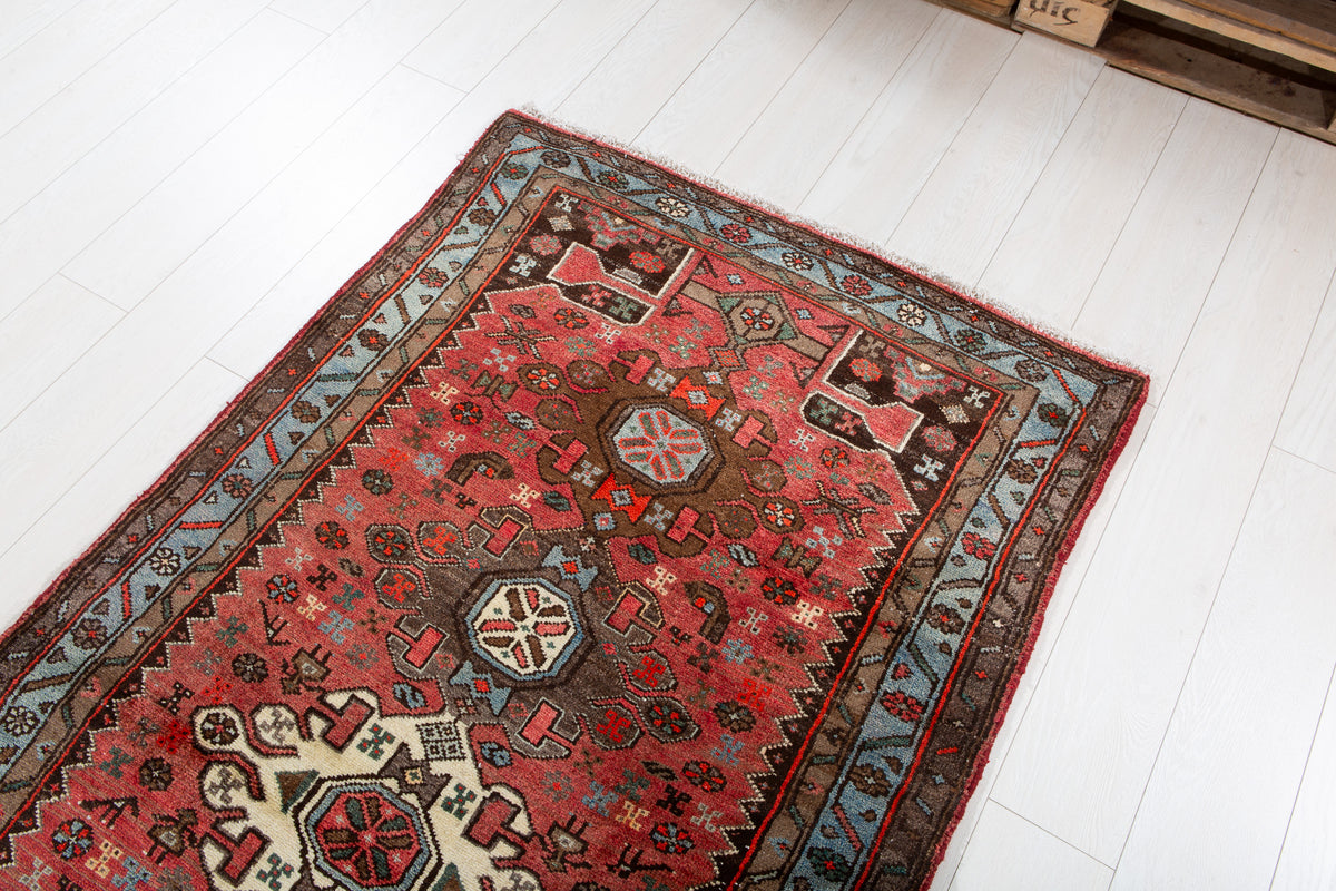 Vintage Red, Blue Hand-Knotted Wool Rug – 6' 6" x 3' 5" (198 x 104 cm)