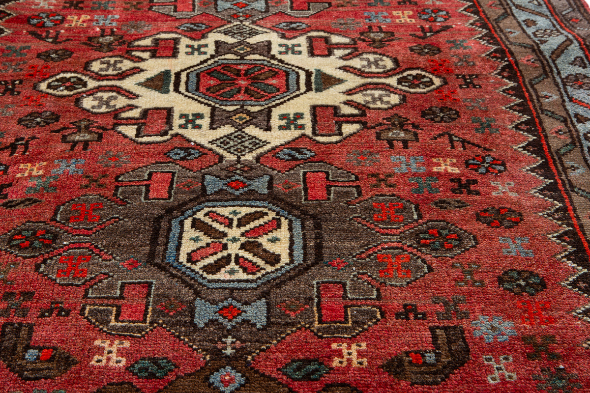 Vintage Red, Blue Hand-Knotted Wool Rug – 6' 6" x 3' 5" (198 x 104 cm)