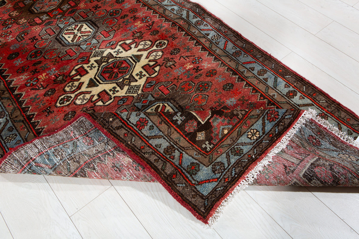 Vintage Red, Blue Hand-Knotted Wool Rug – 6' 6" x 3' 5" (198 x 104 cm)