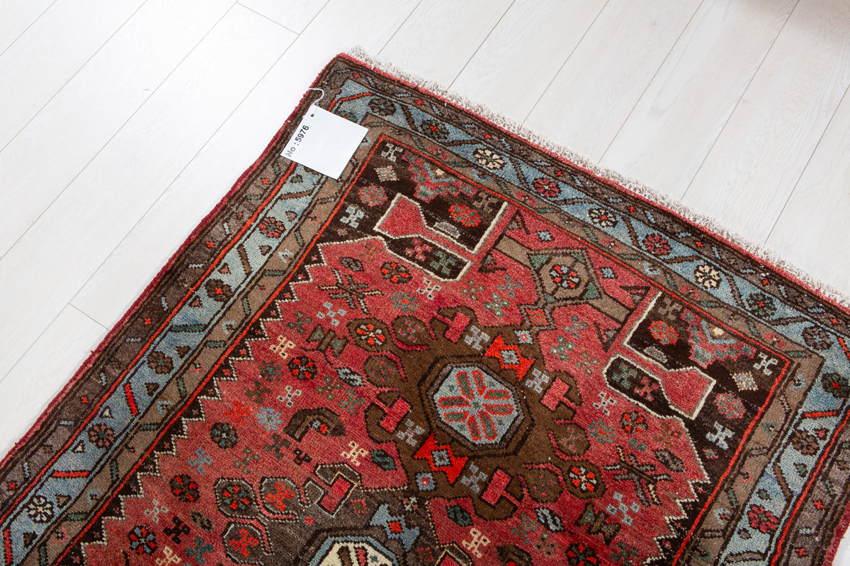Vintage Red, Blue Hand-Knotted Wool Rug – 6' 6" x 3' 5" (198 x 104 cm)